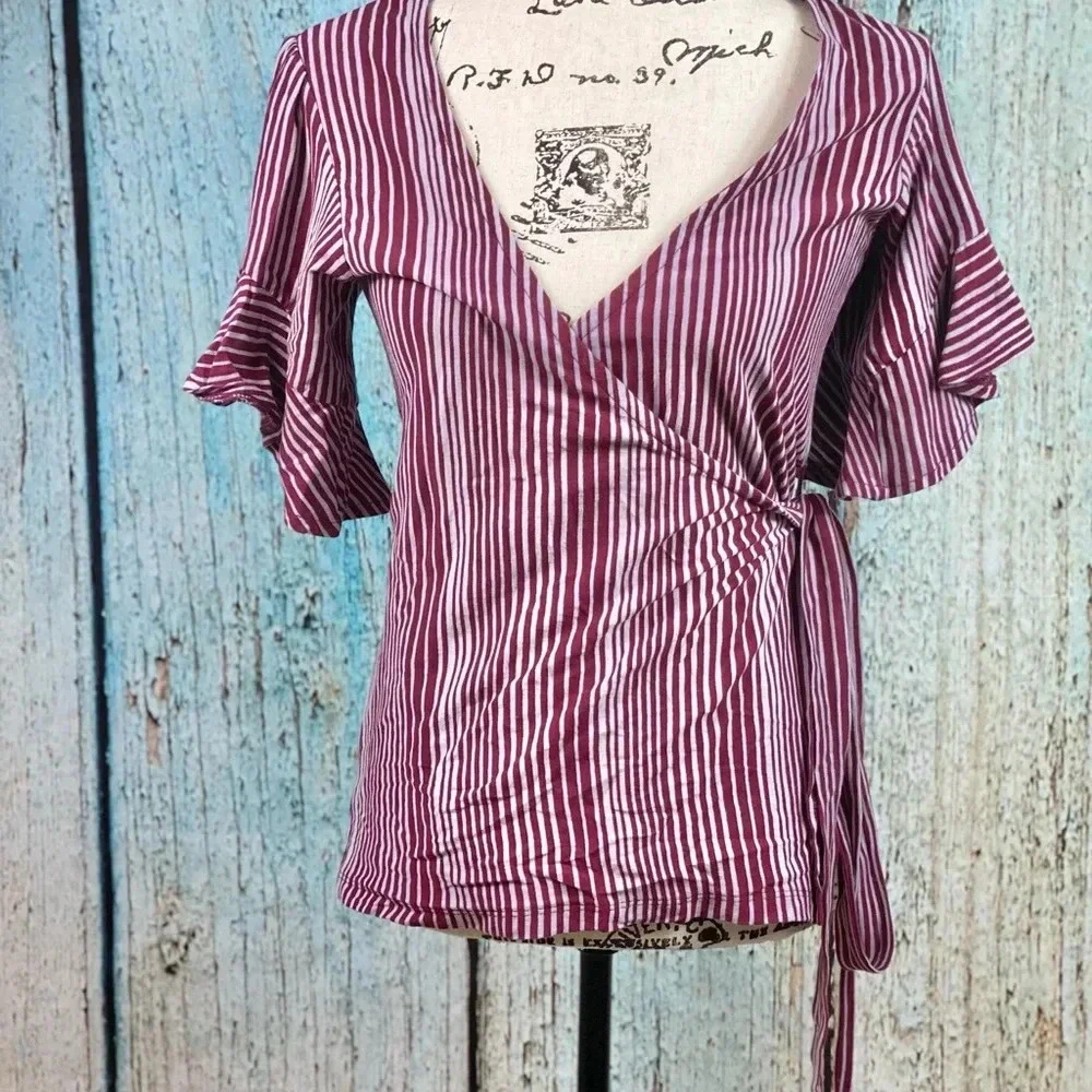 Free People NWT Wine Wrapped Around My Finger Cotton Striped Wrap Top - Picture 8 of 13